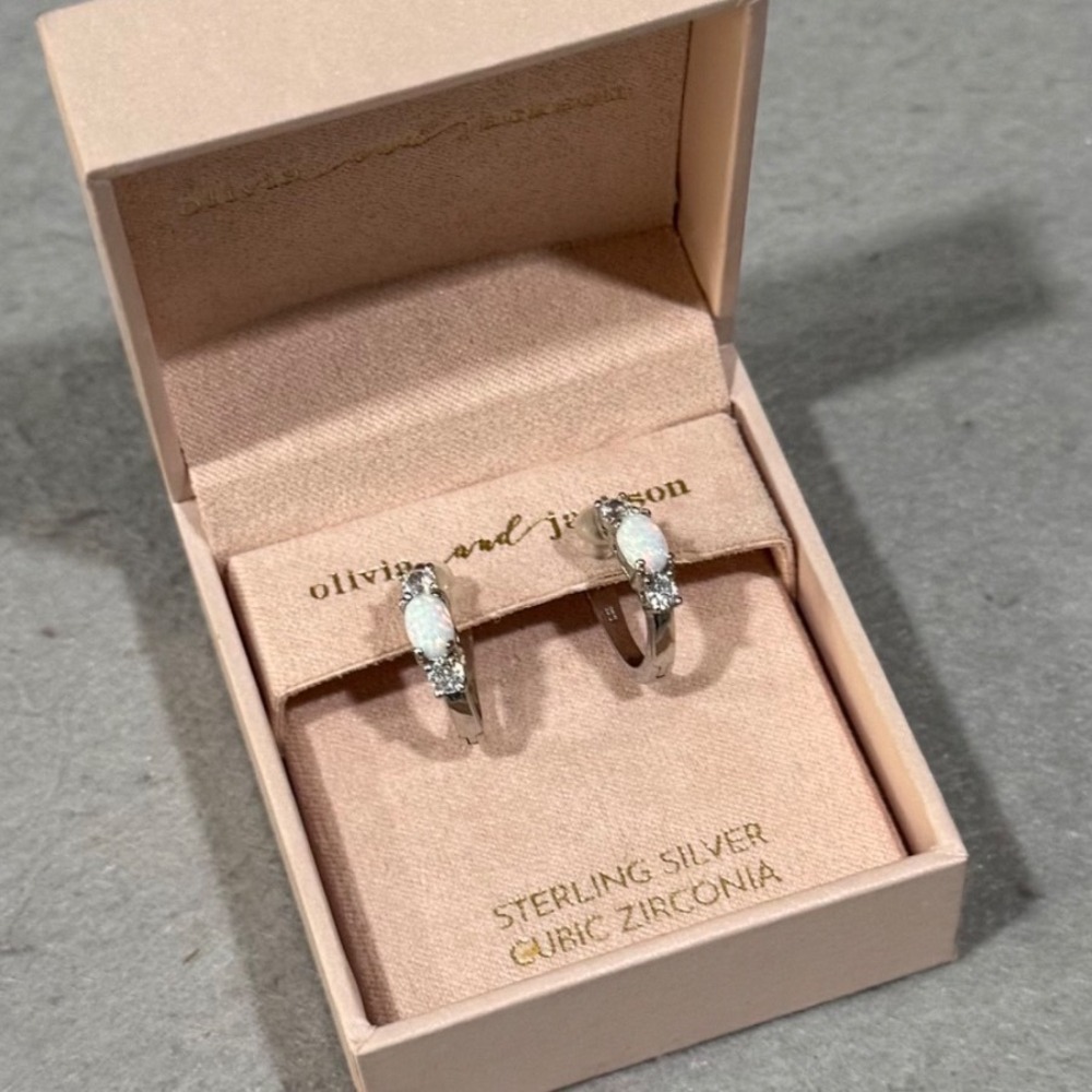 Olivia and Jackson Hoop Earrings Women Silver Opal Cubic Zirconia Huggie